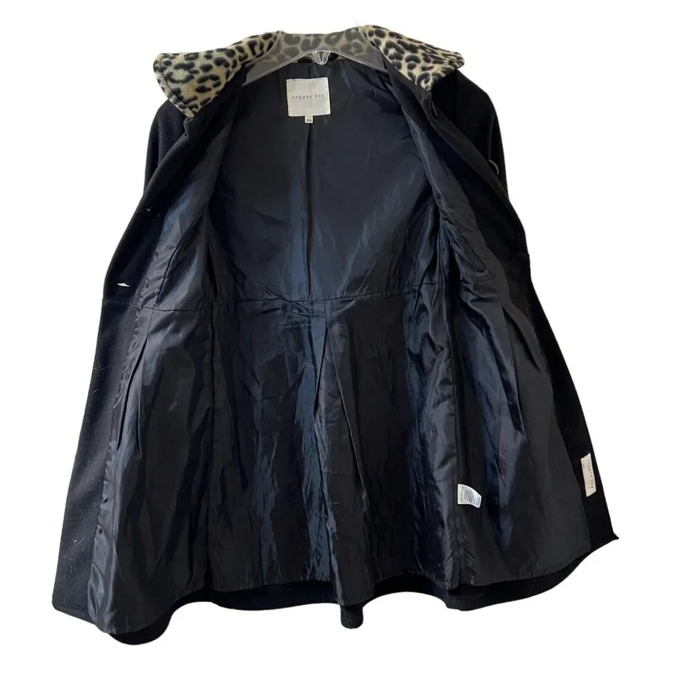 Vtg Copper Key Soft Black Coat Faux Fur Leopard Trim Size 7/8 Buttons Pockets - Picture 4 of 13